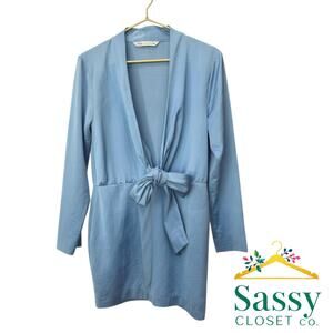Zara Long Sleeve Mini Dress Robin’s Egg Blue Deep V Neck Tie Women’s Sz L EUC